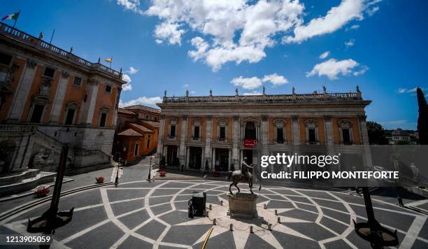 General view shows Piazza del Campidoglio and the Capitoline Museum building on Capitoline Hill in Rome as the museum reopens on May 19, 2020 while...