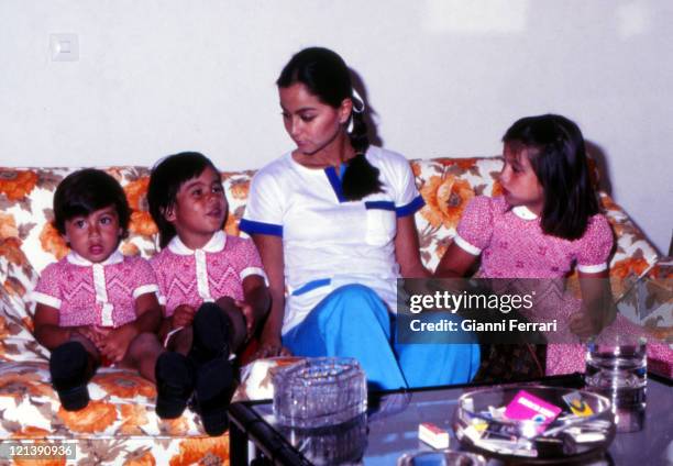 Isabel Preysler, wife of Julio Iglesias, with her three children Enrique, Julio Jose and Chaveli, at her home in Madrid Madrid, Spain, .