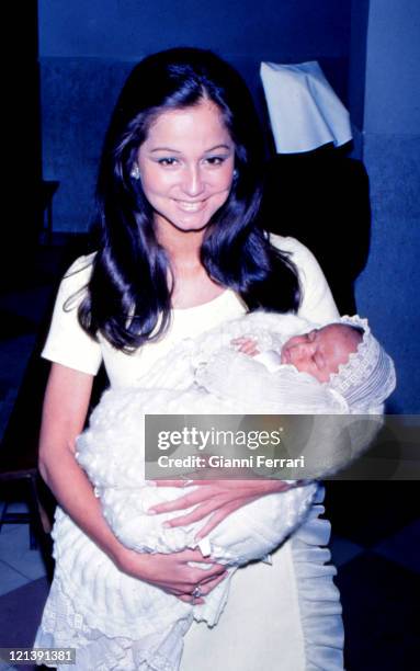 Isabel Preysler, wife of Julio Iglesias, in the baptism of Julio Jose, her second children, 22nd October1973, Madrid, Spain.