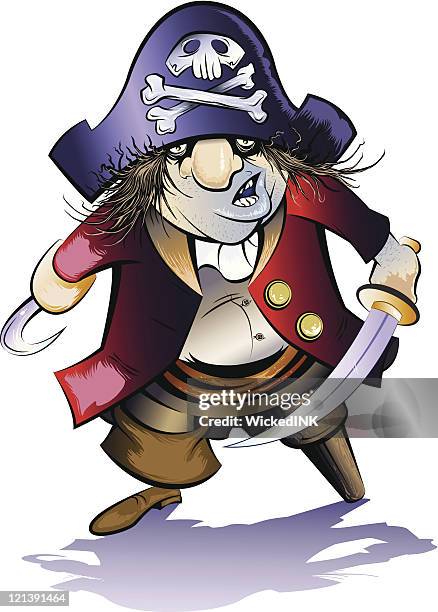 pirate captain with hook, sword, and peg leg - pirate hook stock illustrations