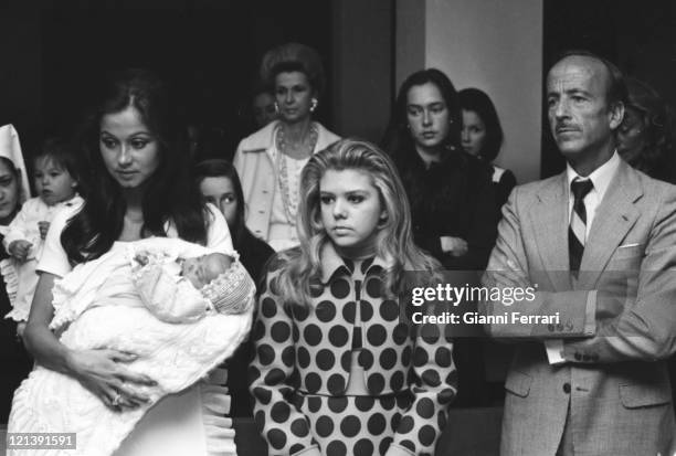 Isabel Preysler, wife of Julio Iglesias, at the christening of her second child, Julio Jose, being the godfather the Dr Iglesias Puga, father of...