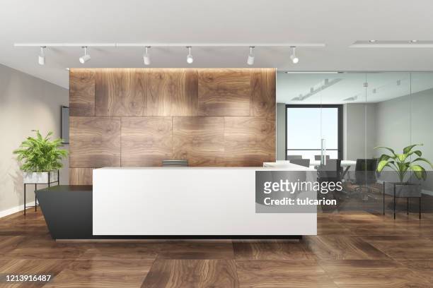 modern office interior with big white desk - lobby stock pictures, royalty-free photos & images