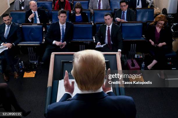 President Donald Trump speaks during a briefing in the James Brady Press Briefing Room at the White House on March 21, 2020 in Washington, DC. With...