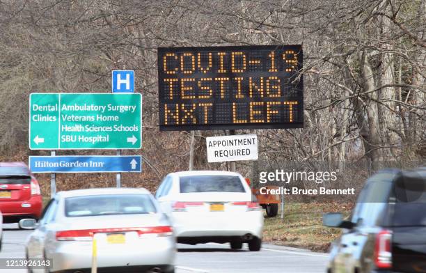 Sign direct people to a COVID-19 test facility at Stony Brook University on March 21, 2020 in Stony Brook, New York. The World Health Organization...
