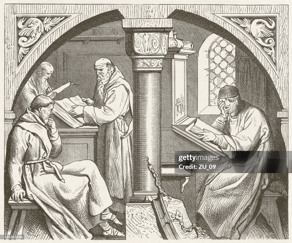 Mental work in a medieval monastery, wood engraving,published 1881