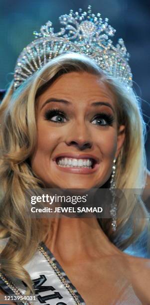 Newly crowned Miss USA Kristen Dalton of North Carolia reacts after being crowned at the Planet Hollywood Casion and Resort in Las Vegas, California,...