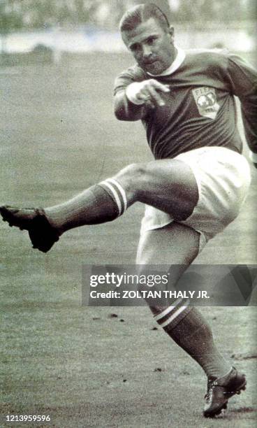 Picture taken 1963 shows Ferenc Puskas kicking the ball during a football match of the World Team. - Hungarian and Real Madrid football legend, the...