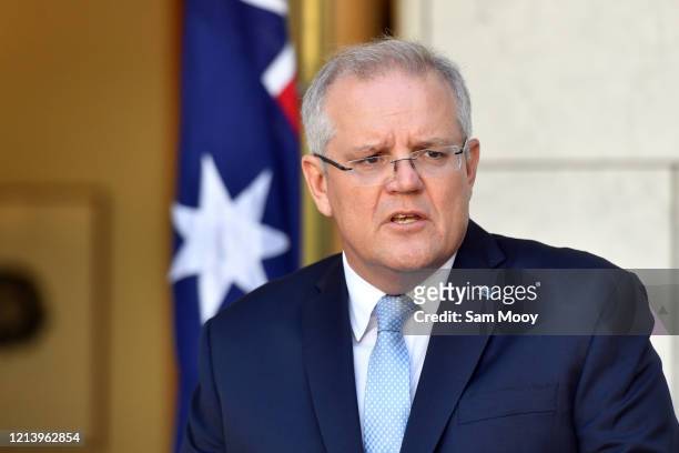 Prime Minister Scott Morrison speaks during a press conference at Parliament House on March 22, 2020 in Canberra, Australia. The second federal...