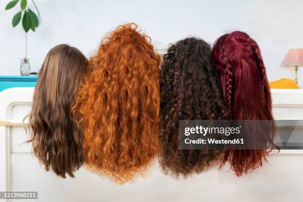 back view of four women with long brown and red hair - curly hair ストックフォトと画像