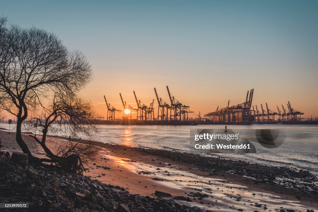 Germany, Hamburg, Elbe beach at sunrise with silhouettes of harbor cranes in background