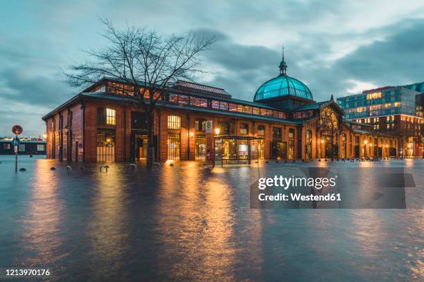 germany, hamburg, altona fish market during flood - hamburgo alemania fotografías e imágenes de stock