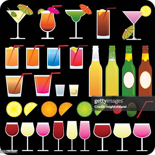 stockillustraties, clipart, cartoons en iconen met party drink icons on black background - rose