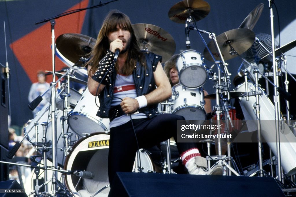 Bruce Dickinson and drummer Clive Burr performing with 'Iron Maiden