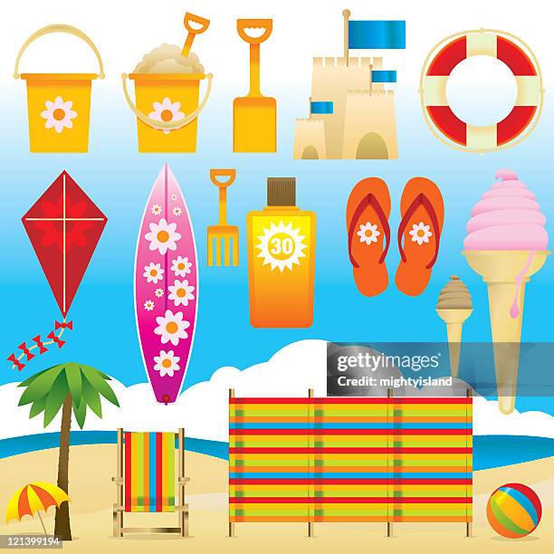 at the beach - windbreak stock illustrations