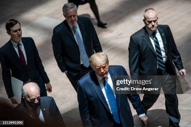 President Trump arrives for a meeting with GOP Senators in the Hart Senate Office Building on Capitol Hill, May 19, 2020 in Washington, DC. Trailing...