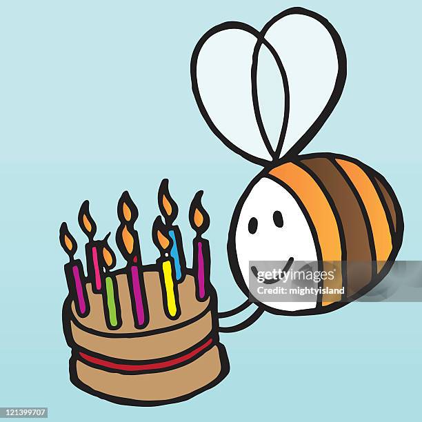 biene mit geburtstag kuchen - cartoon bee candle stock-grafiken, -clipart, -cartoons und -symbole