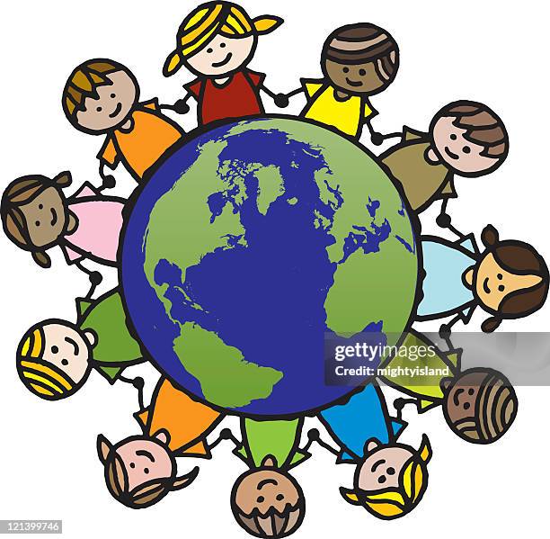 kids and planet earth - people holding hands around globe stock illustrations