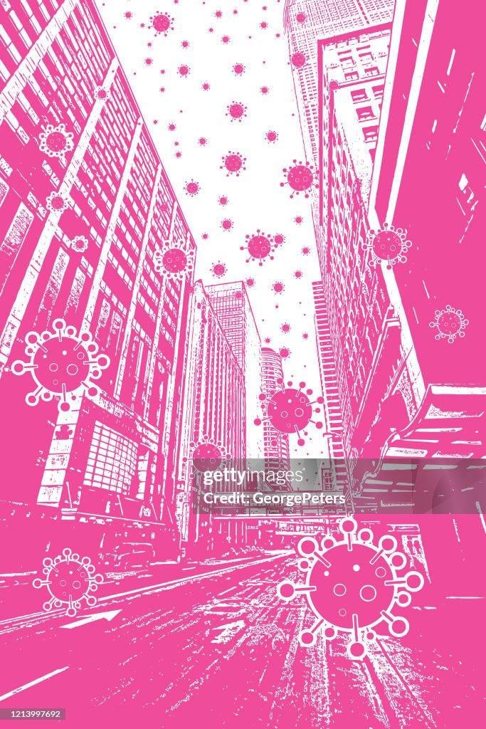 Empty city streets with COVID-19 virus floating in the air
