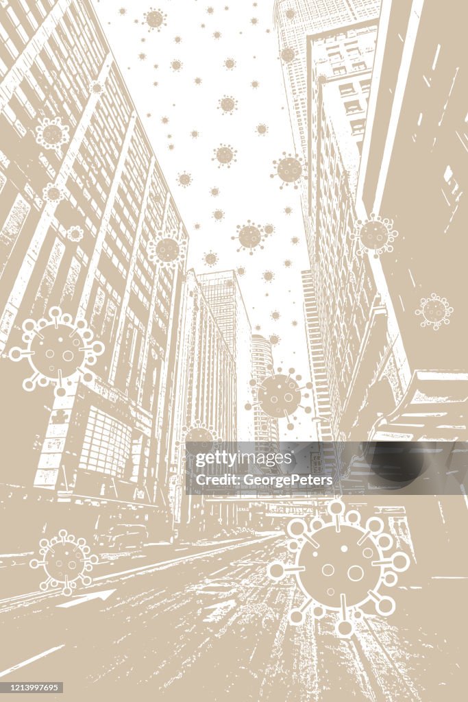 Empty city streets with COVID-19 virus floating in the air