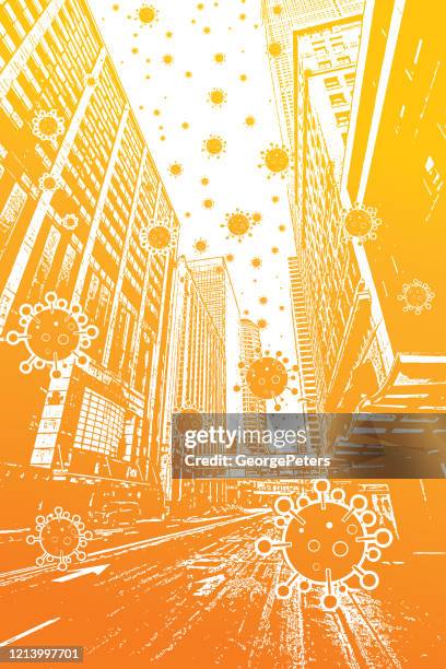 empty city streets with covid-19 virus floating in the air - floating hotel stock illustrations