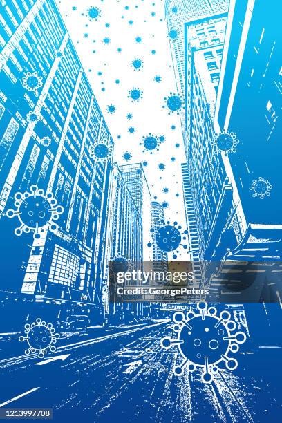 empty city streets with covid-19 virus floating in the air - minneapolis stock illustrations