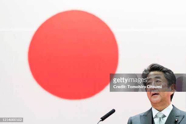 Japan's Prime Minister Shinzo Abe speaks during the graduation ceremony of the National Defense Academy on March 22, 2020 in Yokosuka, Japan. 508...