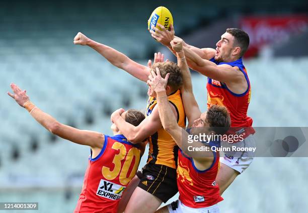 Daniel McStay of the Lions marks during the round 1 AFL match between the Hawthorn Hawks and the Brisbane Lions at Melbourne Cricket Ground on March...