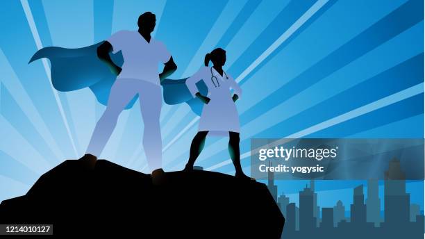 bildbanksillustrationer, clip art samt tecknat material och ikoner med vector superhero doctor team silhouette stock illustration - hjälte