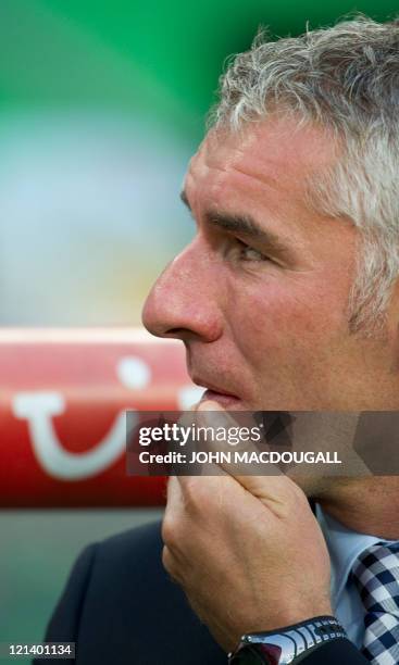 Hanover's head coach Mirko Slomka gestures prior to the UEFA Europa League play off match Hanover 96 vs FC Sevilla in the northern German city of...