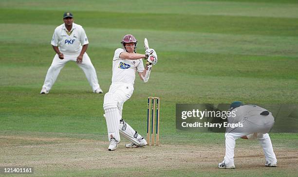 Steve Kirby of Somerset hits out during day three of the County Championship Division One match between Somerset and Nottinghamshire at The County...