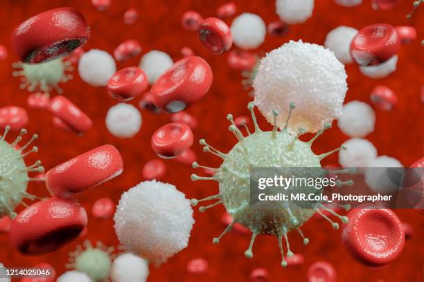3d rendering microscopic illustration of the spreading 2019 corona virus or covid-19 and red blood cell background - menselijk bloed stockfoto's en -beelden