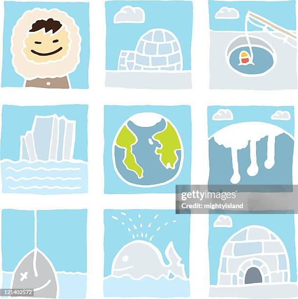 eskimo icon set - ice fishing stock illustrations