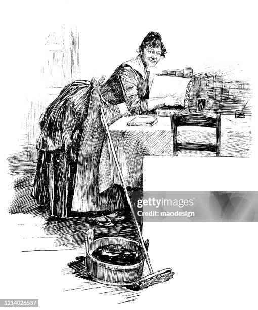 maid is studying - learning german stock illustrations