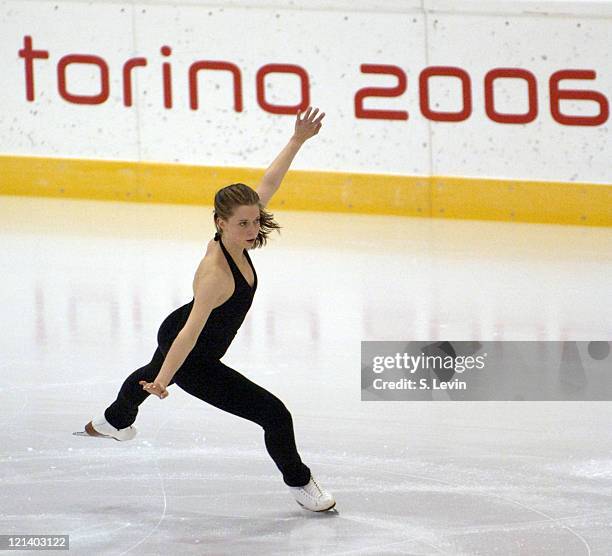 Emily Hughes of the United States during practice at the Torino Palaghiaccio in Torino, Italy on February 17, 2006. Hughes was added late to the US...
