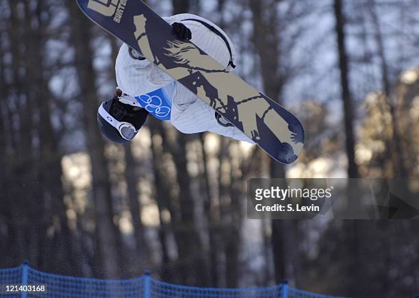 Mason Aguirre, of the USA during Mens Snowboarding Practice in the mountains of Bardonecchia, Italy on February 10, 2006.
