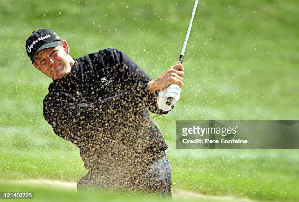 Retief Goosen takes a shot out of a bunker during the second round of the Smurfit European Open on the K-Club Smurfit course.