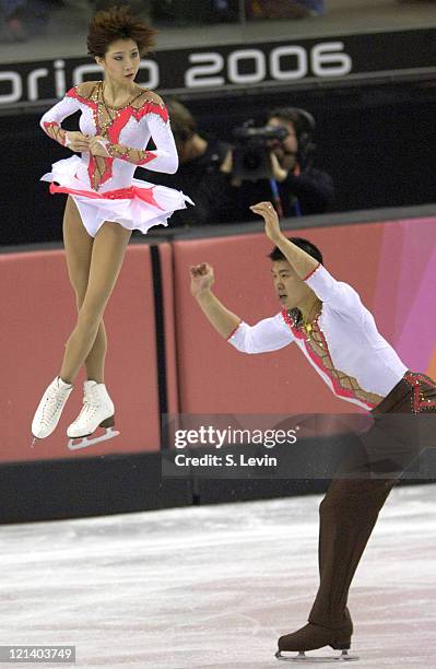 Hao Zhang and Dan Zhang of China earn a silver in the Pairs Free Skate Program at the Palavela skating venue on February 13, 2006 in Torino, Italy.