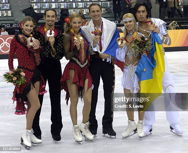 Tanith Belbin, Benjamin Agosto,Tatiana Navka, Roman Kostomarov, Elena Gruhina, and Olivier Schoenfelder during the Ice Dancing Free Skate Program at...