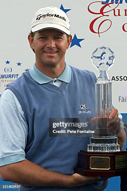 Retief Goosen holds the trophy after winning the Smurfit European Open on the K-Club Smurfit course. July 4, 2004