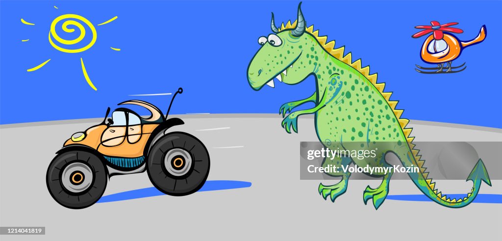 A Fairytale Dinosaur Is Chasing A Toy Car On The Road High-Res Vector  Graphic - Getty Images