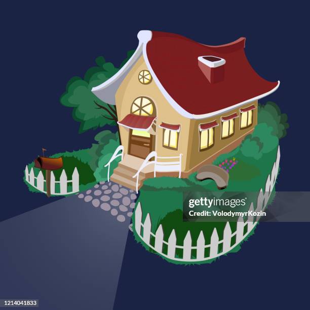 illustrations, cliparts, dessins animés et icônes de une belle petite maison. illustration d’une petite maison confortable avec une cour remplie de verdure - banc nuit