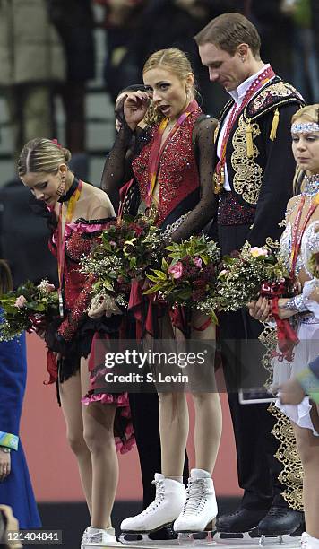 Roman Kostomarov and Tatiana Navka of Russia on the medal stand during the Ice Dancing Free Skate Program at the 2006 Olympic Games at the Palavela...