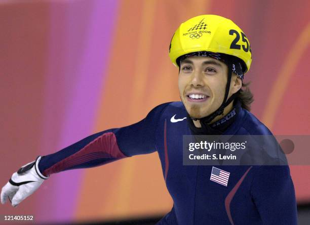 Apolo Anton Ohno of the United States during the Men's 500 m in the 2006 Winter Olympic Games at the Palavela in Torino, Italy on February 22, 2006.