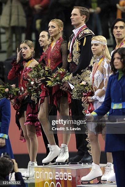 Tanith Belbin, Benjamin Agosto,Tatiana Navka, Roman Kostomarov, Elena Gruhina, and Olivier Schoenfelder during the Ice Dancing Free Skate Program at...