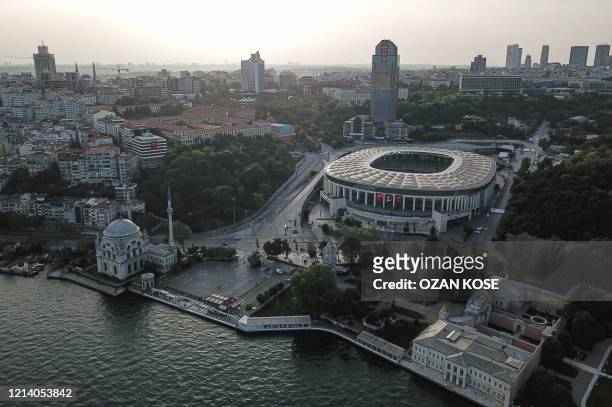 An aerial view shows the Vodafone Park stadium were Besiktas football team used to play in Istanbul, on May 19 during a four-day curfew aimed at...