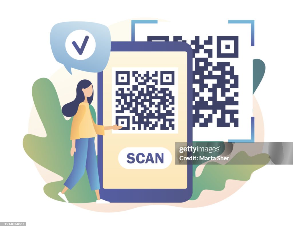 Qr Code Scanning Concept Tiny Girl Scan Code Using Smartphone Modern ...