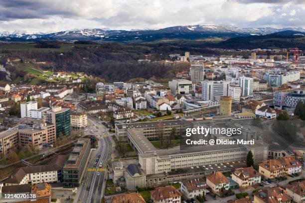 aerial view of fribourg city center in switzerland - freiburg skyline stock pictures, royalty-free photos & images