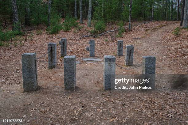 site of thoreau's cabin on walden pond - walden pond stock pictures, royalty-free photos & images