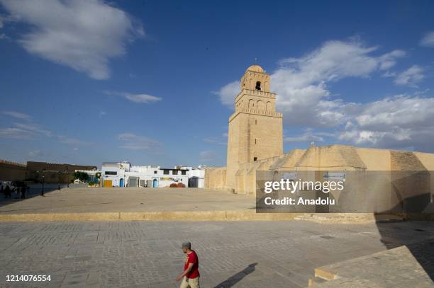 View of the Great Mosque of Kairouan which is empty due to the coronavirus measures to stem the novel COVID-19 pandemic on Laylat al-Qadr, one of the...