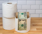 Empty toilet paper roll wrapped in 20 dollar bills. Concept of supply shortage, hoarding and price gouging due to coronavirus, covid-19 worldwide pandemic